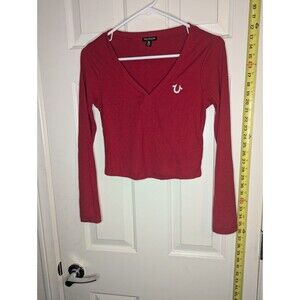 True Religion Women's Size XS Red V-neck Cotton Blend Pullover Sweater